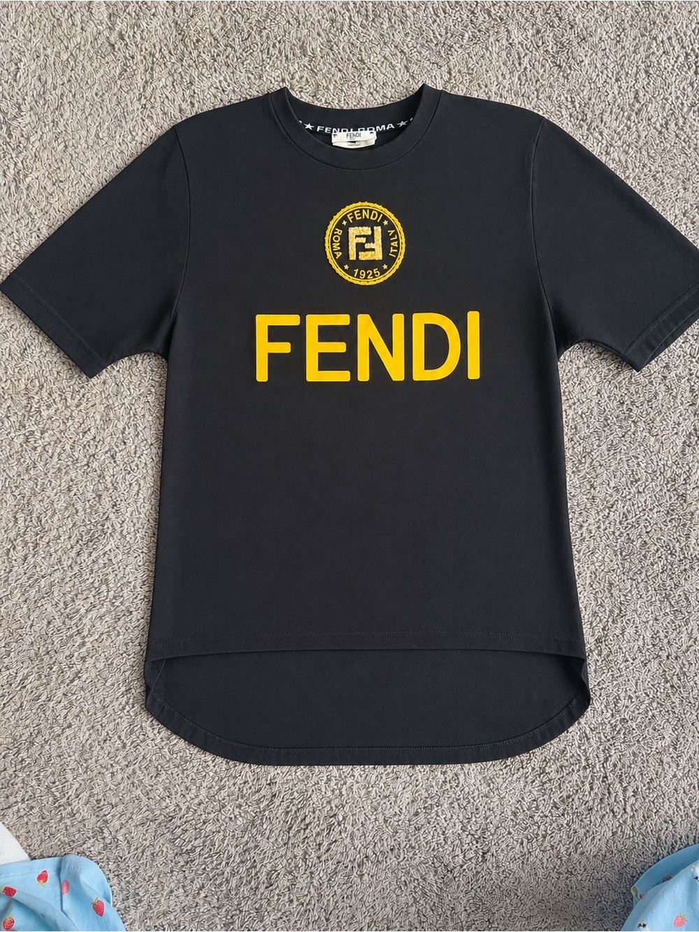 Fendi Black Tee with Yellow Logo and Crest